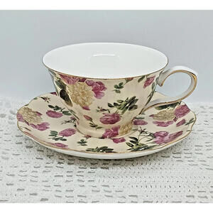 Gracie Bone China Pink & Cream  Roses Cup & Saucer